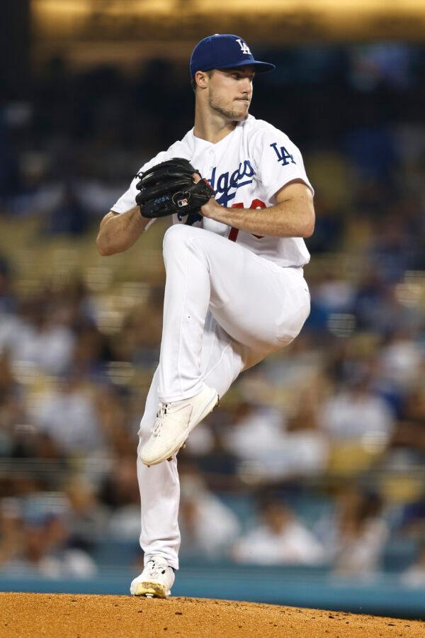 Michael Grove (78) of the Los Angeles Dodgers pitches against the Colorado Rockies during the second inning at Dodger Stadium in Los Angeles, on Oct. 1, 2022. (Michael Owens/Getty Images)