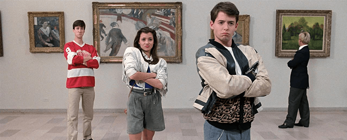 (L–R) Cameron Frye (Alan Ruck), Sloane Peterson (Mia Sara), and Ferris Bueller (Matthew Broderick) take in an art exhibition, in "Ferris Bueller's Day Off." (Paramount Pictures)