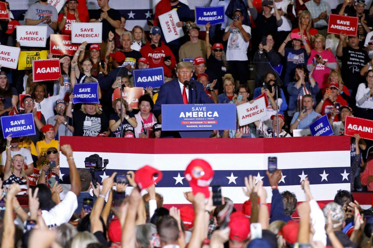Former President Donald Trump speaks during a Save America rally at Macomb County Community College Sports and Expo Center in Warren, Michigan, on Oct. 1, 2022. (Jeff Kowalsky/AFP via Getty Images)