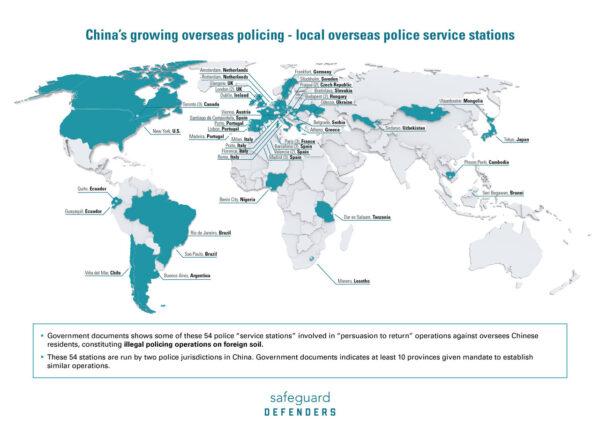 A map of the 30 countries where Chinese police have established 54 known "110 Chinese overseas police stations." (Courtesy of Safeguard Defenders)