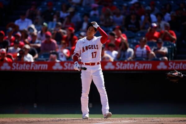 Shohei Ohtani (17) of the Los Angeles Angels at Angel Stadium of Anaheim in Anaheim, Calif., on Oct. 2, 2022. (Ronald Martinez/Getty Images)