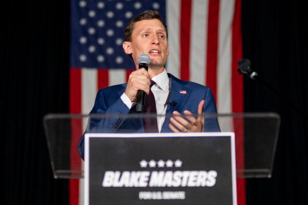 Republican U.S. senatorial candidate Blake Masters speaks during his election night watch party in Chandler, Ariz., on Aug. 2, 2022. (Brandon Bell/Getty Images)