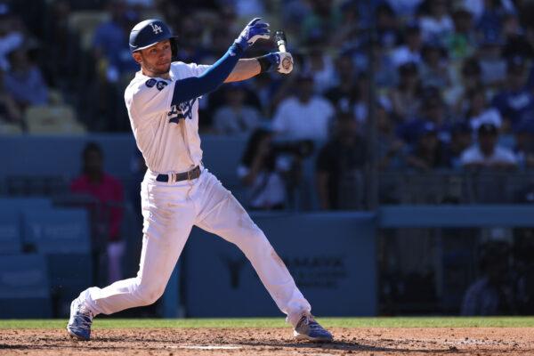 Trea Turner (6) of the Los Angeles Dodgers hits in the eighth inning against the Colorado Rockies at Dodger Stadium in Los Angeles, on Oct. 2, 2022. (Katharine Lotze/Getty Images)
