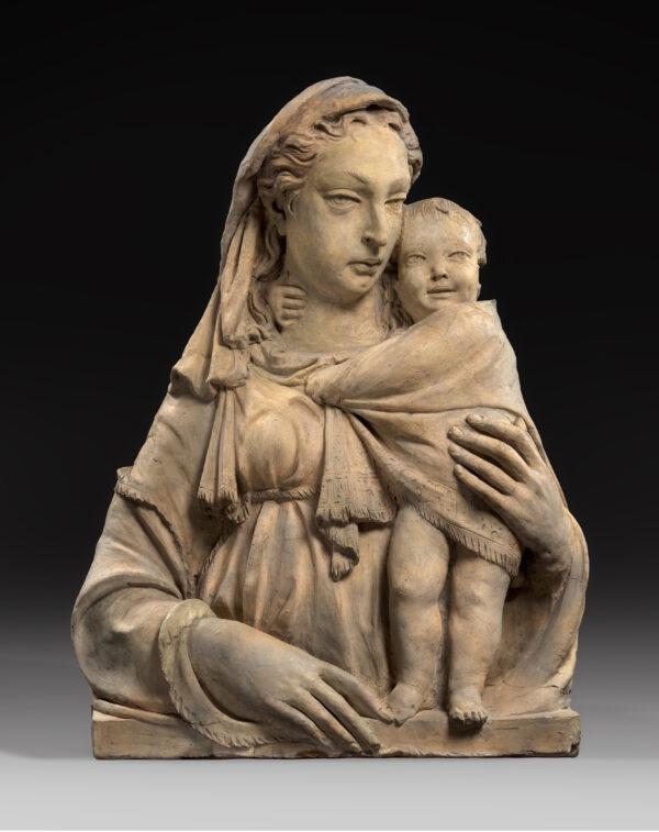 “Virgin and Child (Mantel Madonna),” circa 1415, by Donatello. Terracotta, formerly painted; 35 3/8 inches by 29 1/2 inches by 9 1/2 inches. Sculpture Collection (Bode-Museum), State Museum of Berlin. (Antje Voigt/Sculpture Collection and Museum for Byzantine Art, State Museum of Berlin)