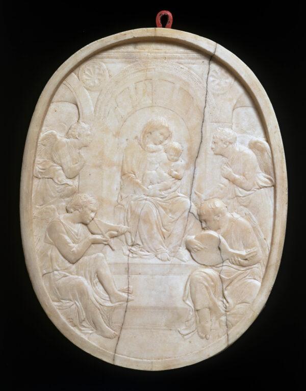 “Virgin and Child With Four Angels (Hildburgh Madonna),” circa 1420–30, by Donatello. Marble; 16 3/8 inches by 12 3/4 inches by 1 3/8 inches. Victoria & Albert Museum, London. (Victoria & Albert Museum, London)
