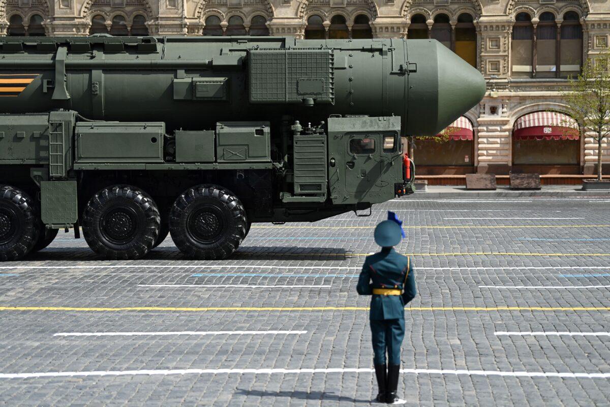 A Russian Yars intercontinental ballistic missile launcher parades through Red Square during the Victory Day military parade in central Moscow on May 9, 2022. (Kirill Kudryavtsev/AFP via Getty Images)
