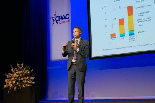 Michael Shellenberger, eco-modernist and author of "Apocalypse Never," speaking at the Conservative Political Action Conference (CPAC) in Sydney, Australia on Oct. 1, 2022. (Horace Young/Epoch Times)