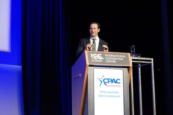 Queensland Senator Matt Canavan of the Nationals Party, speaking at the Conservative Political Action Conference in Sydney, Australia, on Oct. 1, 2022. (Horace Young/The Epoch Times)