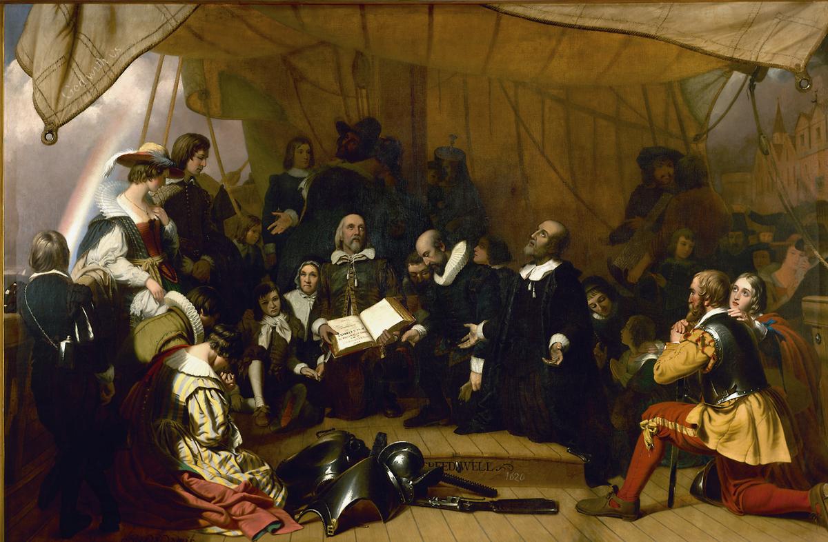 Protestant pilgrims are shown on the deck of the ship Speedwell before their departure for America from Delft Haven, Holland, on July 22, 1620. “Embarkation of the Pilgrims” by Robert Walter Weir, 1844. Oil on canvas. United States Capitol, Washington. (Architect of the Capitol)