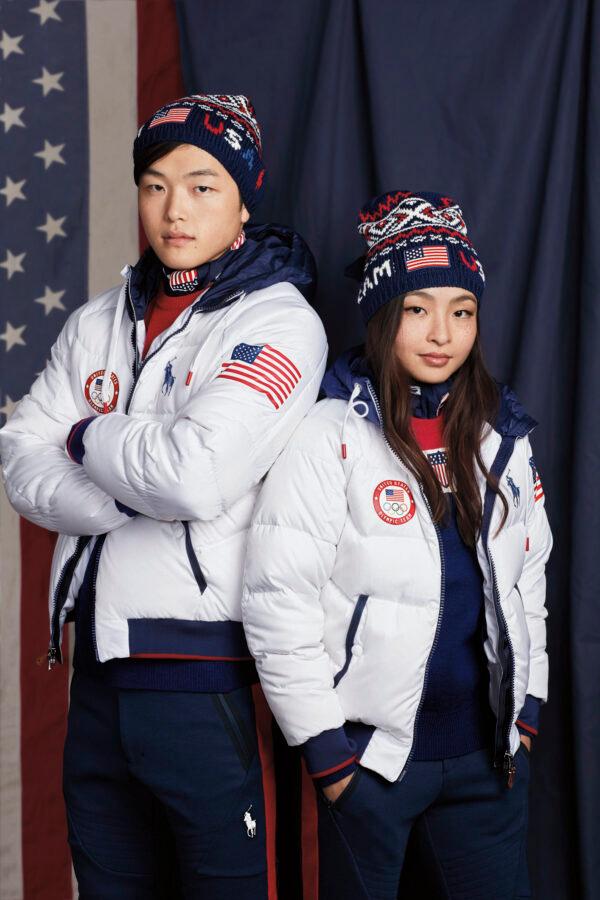 Olympic ice dancers Alex and Maia Shibutani wear Team USA’s 2018 Winter Olympics closing ceremony uniforms, designed and made by Ralph Lauren, including hats and sweaters using Shaniko wool. (Courtesy of Shaniko Wool Company)