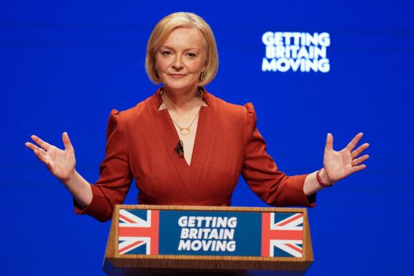 Prime Minister Liz Truss delivers her keynote speech at the Conservative Party annual conference at the International Convention Centre in Birmingham, on Oct. 5, 2022. (Jacob King/PA Media)