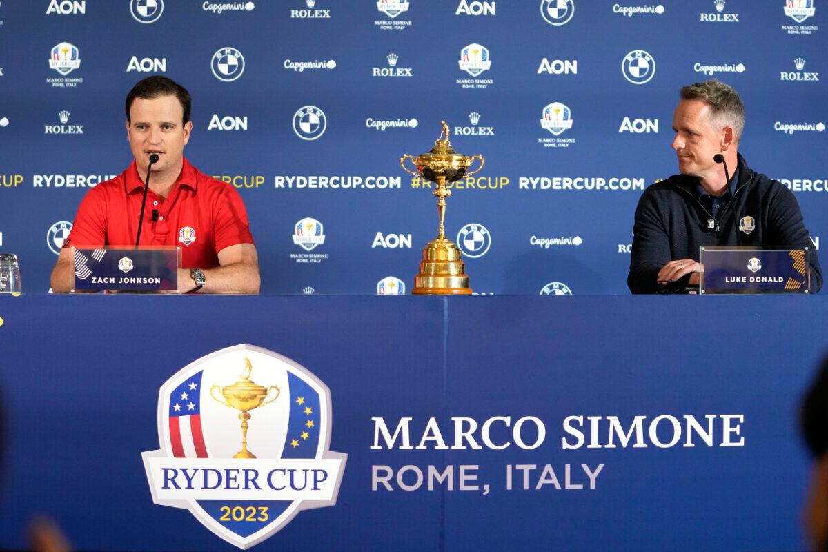United States Captain Zach Johnson (L) and European Captain Luke Donald attend a press conference on the occasion of The Year to Go event in Rome on Oct. 4, 2022. (Alessandra Tarantino/AP Photo)
