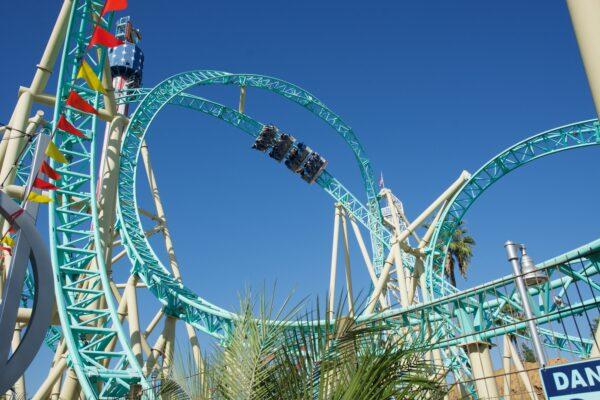 Riders scream around Hang Time, which features a “beyond vertical drop that is the steepest in California, gravity-defying inversions, and mid-air suspensions,” according to the theme park’s website. (Courtesy of Karen Gough)