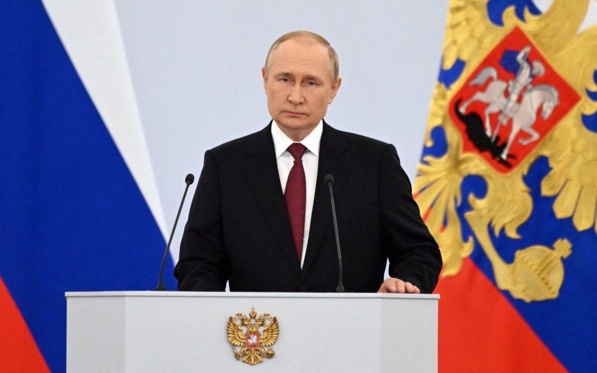Russian President Vladimir Putin gives a speech during a ceremony formally annexing four regions of Ukraine under Russian troops control at the Kremlin in Moscow on Sept. 30, 2022. (Grigory Sysoyev/Sputnik/AFP via Getty Images)