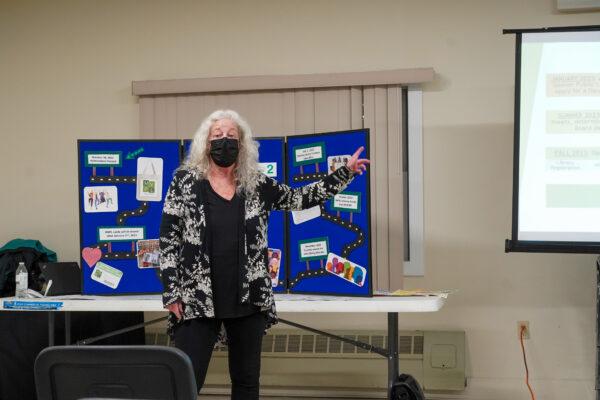 Sue Shapiro, a resident of the Town of Greenville and a committee member of Friends of Minisink Valley Public Library, answers questions at the library public hearing at Greenville Resource Center, N.Y., on Oct. 4, 2022. (Cara Ding/The Epoch Times)