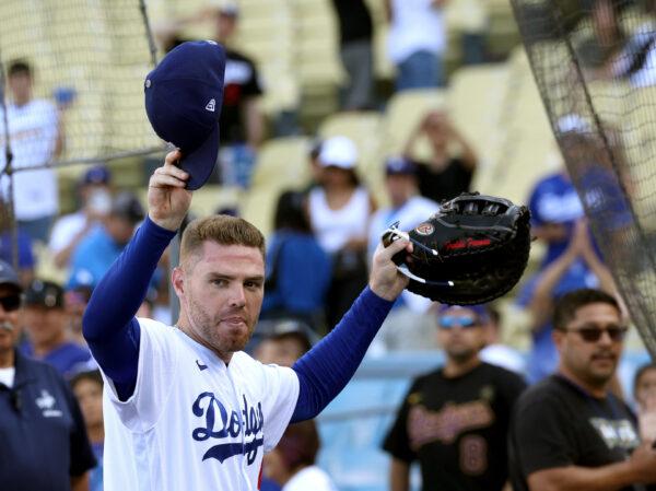 Freddie Freeman (5) of the Los Angeles Dodgers waves to fans after a 6–1 win over the Colorado Rockies in the final game of the regular season at Dodger Stadium in Los Angeles, on Oct. 5, 2022. (Harry How/Getty Images)