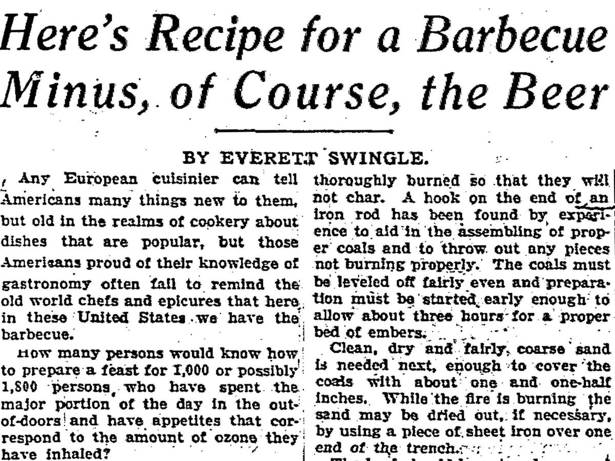 The Chicago Tribune's article "Here's Recipe for a Barbecue Minus, of Course, the Beer," was published Aug. 14, 1931. (Chicago Tribune/TNS)