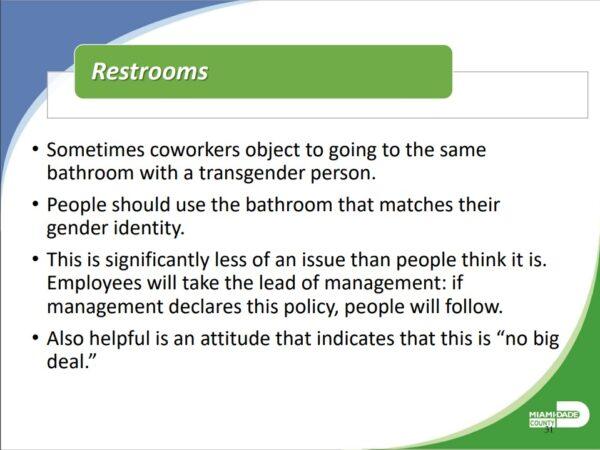 Slide 13 from the training module, "Overview of the County's Anti-Discrimination Policy" regarding restroom policies. (Miami-Dade County Human Rights & Fair Employment Practices Division)