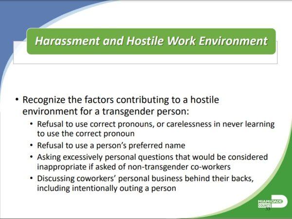 Slide 33 from the "Transgender Sensitivity and Inclusion Training Module," teaching government employees how to "recognize the factors contributing to a hostile environment for a transgender person." (Miami-Dade County Human Rights & Fair Employment Practices Division)