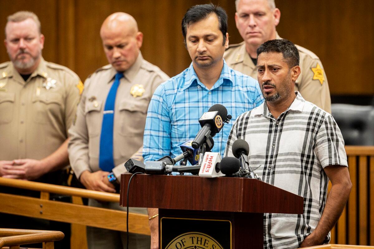 Sukhdeep Singh (R) and Balwinder Saini (C) speak about the kidnapping of their family members, 8-month-old Aroohi Dheri, her mother Jasleen Kaur, her father Jasdeep Singh, and her uncle Amandeep Singh at a news conference in Merced, Calif., on Oct. 5, 2022. (Andrew Kuhn/The Merced Sun-Star via AP)