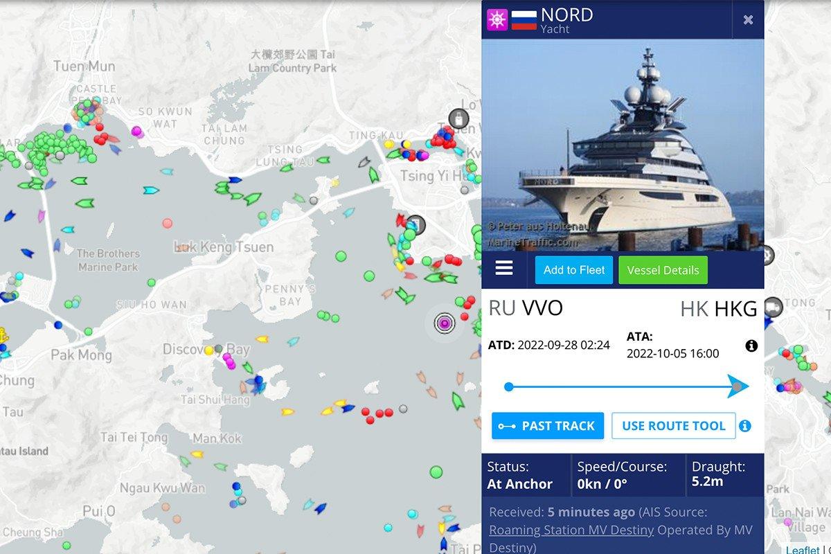 Alexey Mordashov's superyacht Nord was anchored in Hong Kong waters on Oct. 5, 2022. (screenshot of marine traffic webpage)