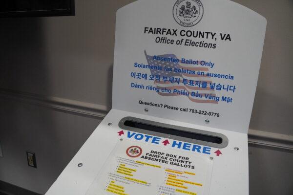 Early voting for the midterms started in Virginia on Sept. 23. An absentee ballot dropbox inside the Fairfax County Government Center, an early voting site, in Fairfax, Va., on Oct. 7, 2022. (Terri Wu/The Epoch Times)
