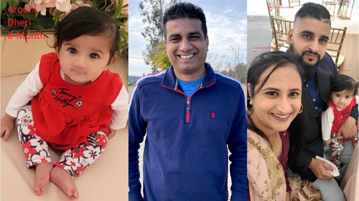(Left) Eight-month-old Aroohi Dheri. (Center) Aroohi Dheri' uncle Amandeep Singh. (Right) Aroohi Dheri with her mother Jasleen Kaur and her father Jasdeep Singh. (Merced Police Department)