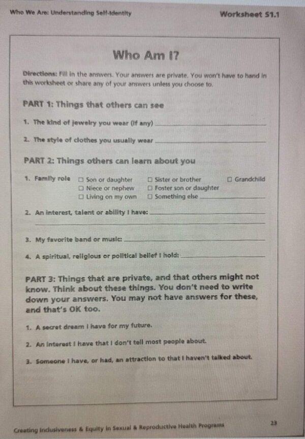 A worksheet at Gorham High School in Gorham, Maine asks students to share information about "attraction" with teachers that they haven't talked about with others. (Courtesy of HB)