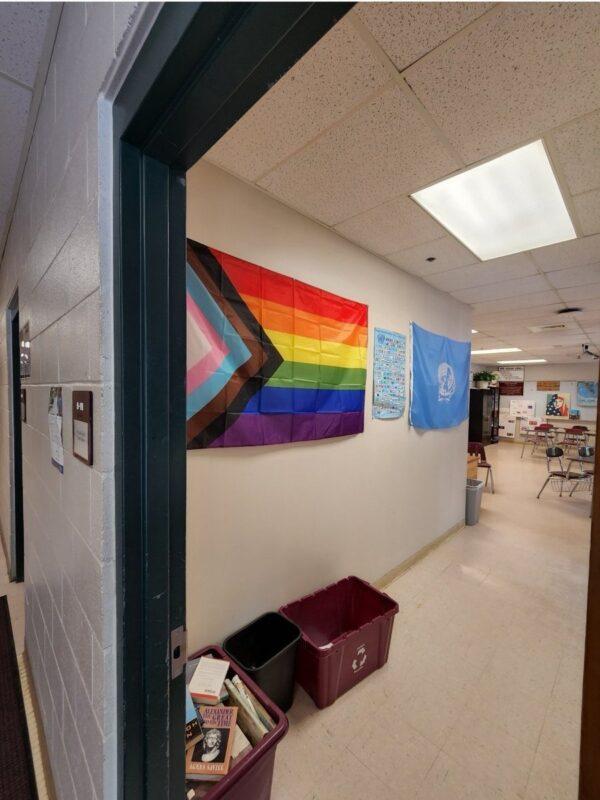 A high school classroom in Gorham High School with a prominently-displayed LGBT flag. (Courtesy of HB)