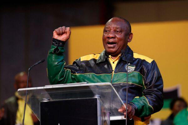 South African President Cyril Ramaphosa gestures as he addresses African National Congress (ANC) delegates during the first day of the party's National Policy Conference at the National Recreation Center in Johannesburg on July 29, 2022. (Phill Magakoe/AFP via Getty Images)