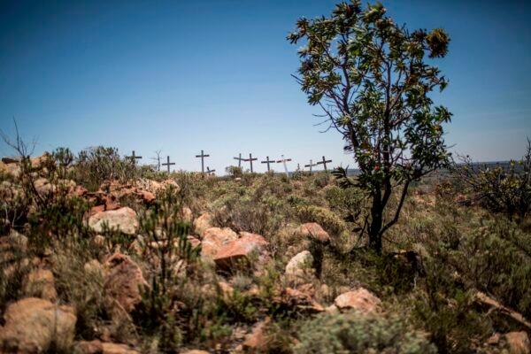 Crosses are planted on a hillside at the White Cross Monument, each one marking a white farmer killed in a farm murder, on Oct. 31, 2017, in Ysterberg, near Langebaan, South Africa. (Gulshan Khan/AFP via Getty Images)