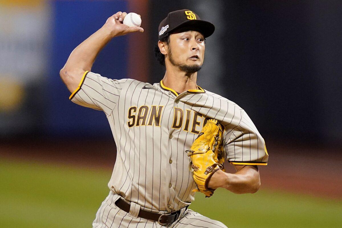 San Diego Padres starting pitcher Yu Darvish (11) delivers against the New York Mets during the first inning of Game 1 of a National League wild-card baseball playoff series in New York on Oct. 7, 2022. (John Minchillo/AP Photo)