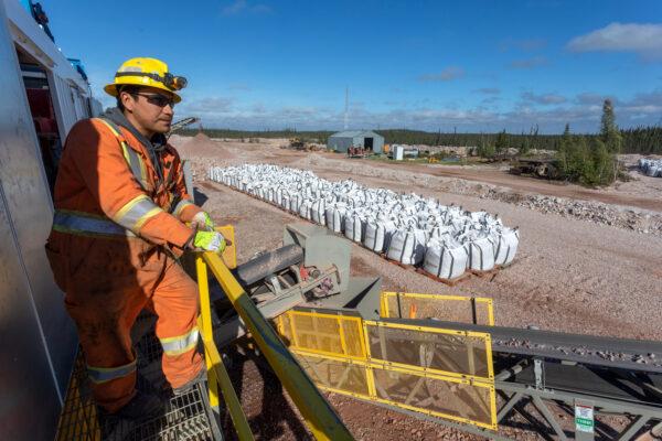 Jeremy Catholique, a member of the Lutsel K’e Dene First Nation and shift supervisor at Vital Metals’ Nechalacho rare earth elements mine in the Northwest Territories, overlooks bags of concentrated ore ready to be shipped to the plant in Saskatoon. (Bill Braden/Vital Metals)
