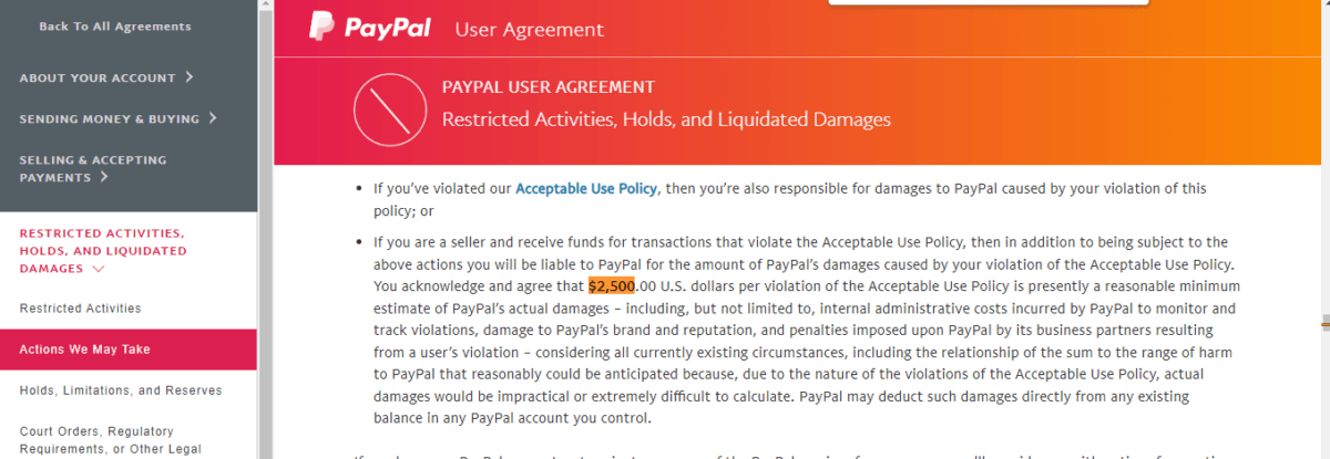 Screen grab of relevant section of PayPal User Agreement as of 10/09/2022 2:00PM EDT