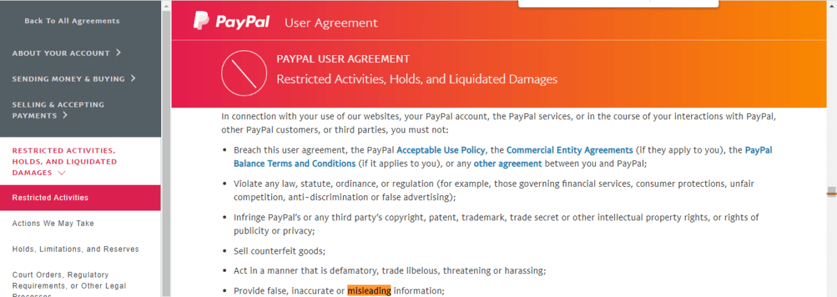 Screen grab of the relevant portion of the PayPal User Agreement as of 10/09/2022 2:00PM EDT