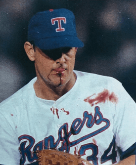 In a Texas Rangers versus Kansas City Royals game (2nd inning), designated hitter Bo Jackson whacked a powerful one-hopper that hit Nolan Ryan in the face, opening a two-inch gash in his lower lip that he could stick his tongue through. Ryan threw Jackson out and stayed in the game anyway, leaving in the eighth inning with a 1–0 lead. This is just one example of Ryan's toughness, in “Facing Nolan.” (The Ranch Productions)