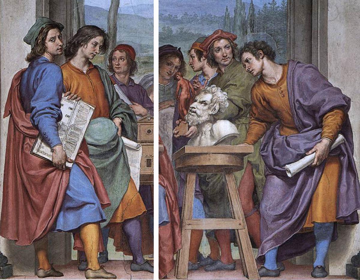 On the left, Giuliano da Sangallo (an Italian sculptor) is depicted with a drawing for the design of the Medici Villa of Poggio a Caiano (one of the most famous Medici villas, located in Prato, Italy). On the right, Michelangelo presents the bust of a faun<span style="color: #ff0000;">. </span>Details from “Michelangelo Showing Lorenzo il Magnfico the Head of a Faun,” by Ottavio Vannini. Palazzo Pitti, Florence, Italy. (Public Domain)