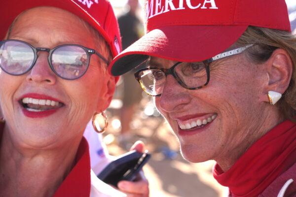 Republican Arizona state Sen. Wendy Rogers (R), meets with a Trump supporter during an America First Rally in Mesa, Ariz., on Oct. 9. (Allan Stein/The Epoch Times)