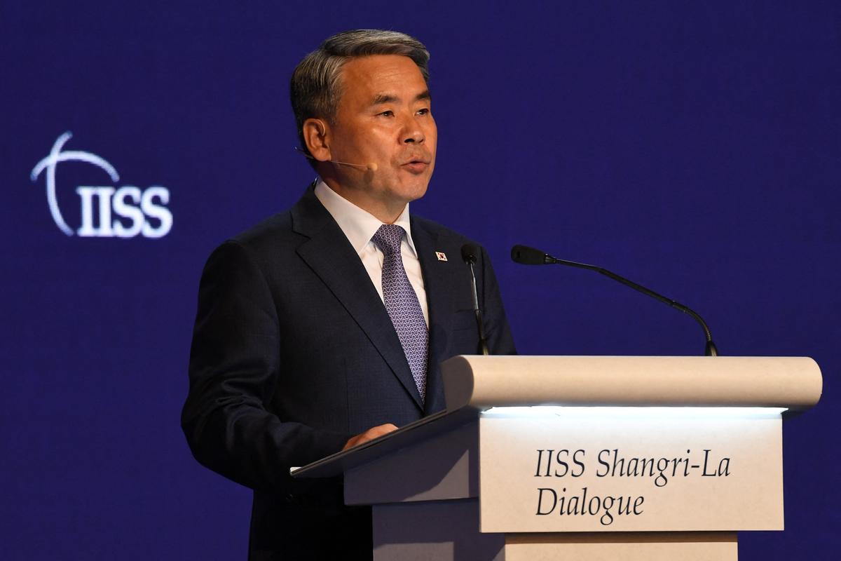 South Korea's Minister of National Defense Lee Jong-sup speaks at the Shangri-La Dialogue summit in Singapore on June 12, 2022. (Roslan Rahman/AFP via Getty Images)