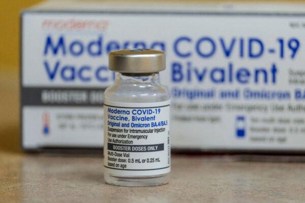 This photo shows a vial of the Moderna COVID-19 vaccine, Bivalent, at AltaMed Medical clinic in Los Angeles, California, on Oct. 6, 2022. (Ringo Chiu/AFP via Getty Images)