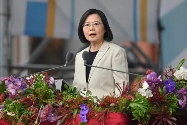 Taiwan's President Tsai Ing-wen speaks at a ceremony to mark the island's National Day in front of the Presidential Office in Taipei on Oct. 10, 2022. (Sam Yeh/AFP via Getty Images)