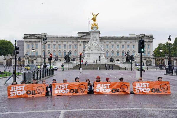 Campaigners from Just Stop Oil during a protest on The Mall, near Buckingham Palace, London, on Oct. 10, 2022. (Jonathan Brady/PA Media)