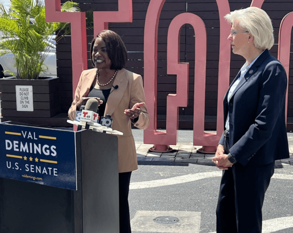 Florida Democratic U.S. Senate candidate Rep, Val Demings (D-Fla.), a former Orlando Police chief, speaks at a September campaign stop in Tampa alongside Tampa Mayor Jane Castor, right, who is a former Tampa Police chief. (Courtesy Val Demings for U.S. Senate)