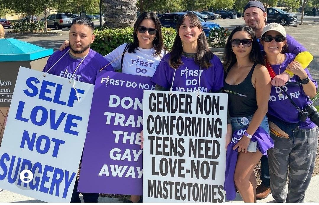 Protesters opposing medical transgender procedures for youths demonstrate outside the American Academy of Pediatrics convention in Anaheim, Calif., on Oct. 7, 2022. (Courtesy of TreVoices.Org/Scott Newgent)