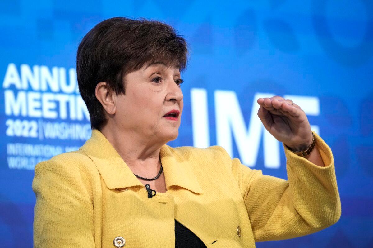 IMF Managing Director Kristalina Georgieva participates in a town hall discussion with civil society organizations at IMF headquarters in Washington on Oct. 10, 2022. (Drew Angerer/Getty Images)