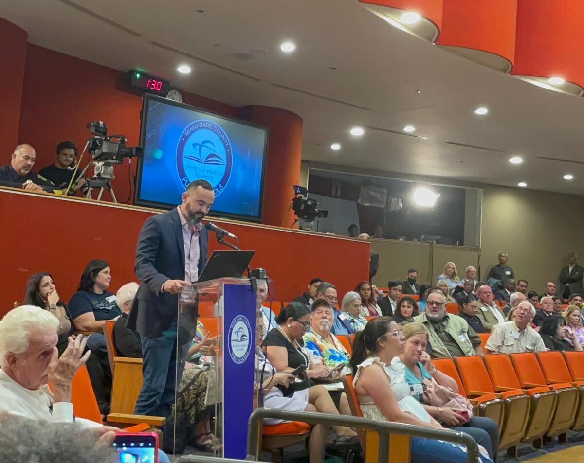 Parents affiliated with Citizens Defending Freedom speak out at a meeting of the school board of Miami-Dade County Public Schools on Sept. 7, 2022. (Courtesy Citizens Defending Freedom)