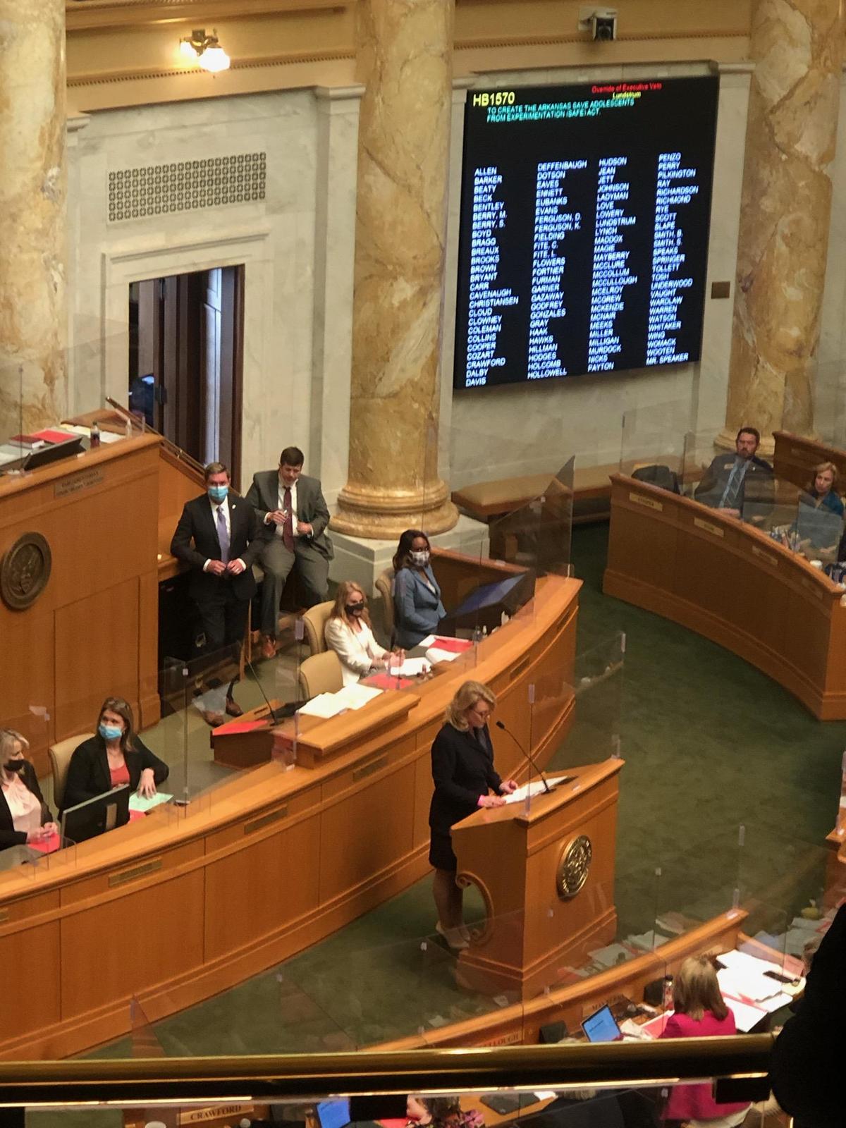 Rep. Robin Lundstrum asks the Arkansas House of Representatives to override the governor’s veto of the SAFE Act on April 6, 2021. (Courtesy of The Family Council)