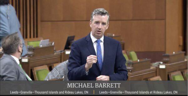 Conservative MP and sponsor of the motion Michael Barrett speaks in the House of Commons on May 16, 2022. (ParlVU/screenshot/The Epoch Times)