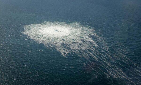Gas bubbles from the Nord Stream 2 leak reaching surface of the Baltic Sea in the area shows disturbance of well over one kilometer diameter near Bornholm, Denmark, on Sept. 27, 2022. (Danish Defence Command/Handout via Reuters)