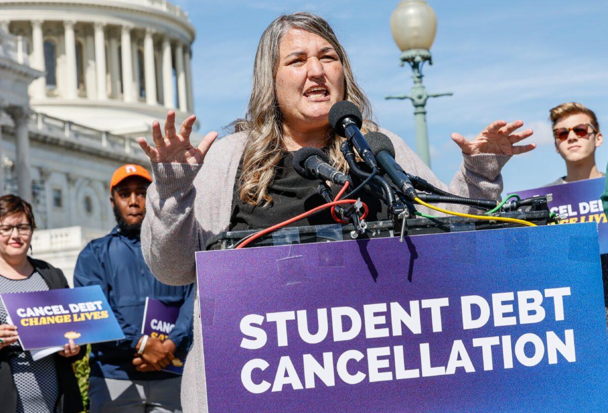 Activist Melissa Byrne speaks during a press conference held to celebrate President Joe Biden's plan to cancel student debt, in Washington on Sept. 29, 2022. (Jemal Countess/Getty Images for We, The 45 Million)